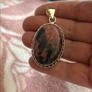 Rhodonite Oval Pendant – Pink & Black Natural Stone